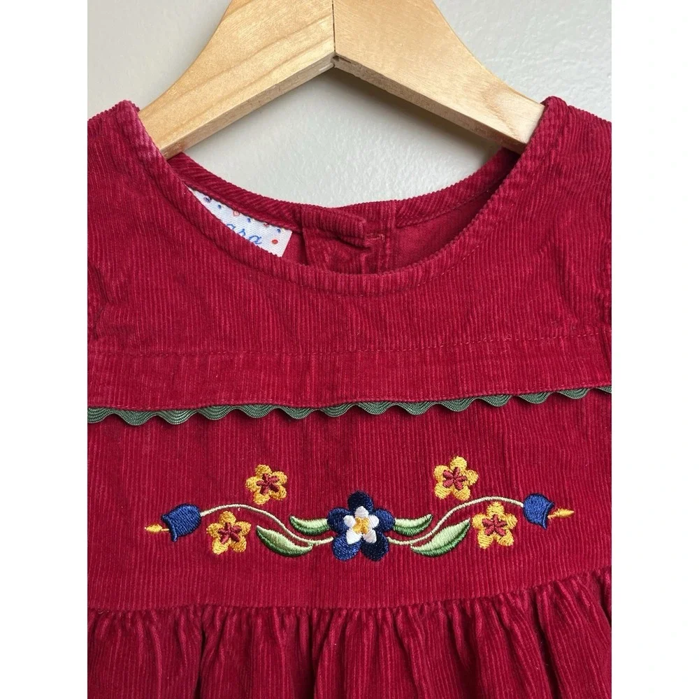 Samara Vtg 90's Red Corduroy Jumper Dress Embroidered Floral Girls 3T Cotton